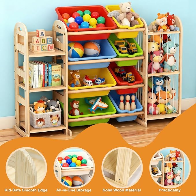 Toy Storage Organizer, Toy Organizers and Storage with Stuffed Animal Storage, Kids Toy Storage Shelf with 3 Shelves 8 Storage Bins, Kids Bookshelf, Toy Holder for Playrooms, Bedrooms, Multi Color
