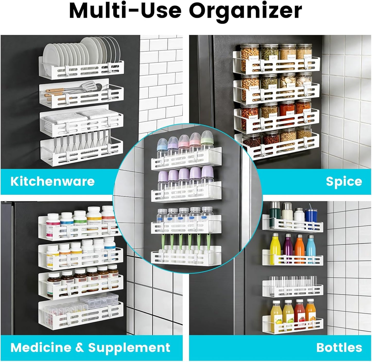 4 Pack Magnetic Baby Bottle Organizer for Refrigerator, Bottle Organizer Rack with 8 Hooks, Storage for Baby Bottles, Pacifiers, and Brushes, Also Suitable Stanley Cup Storage