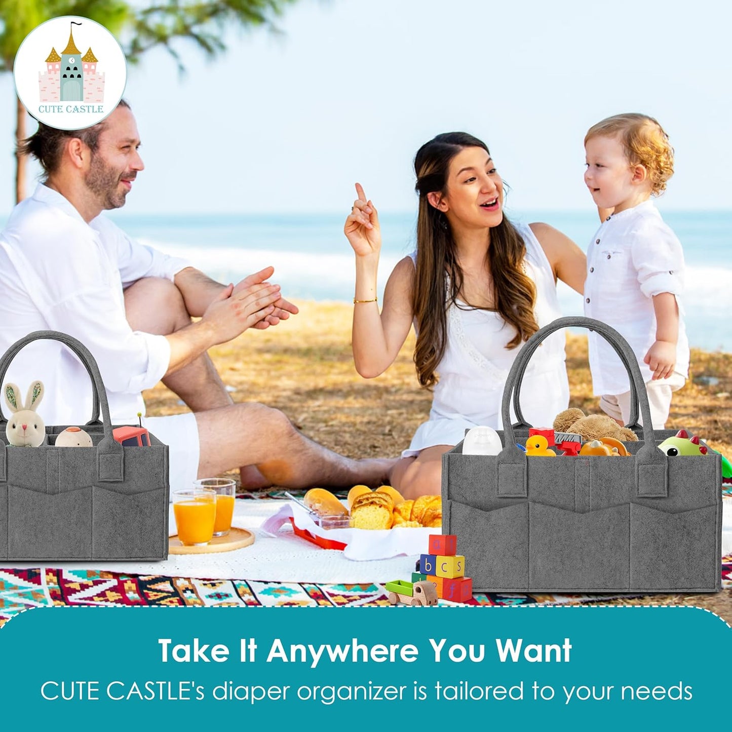 Cute Castle 2 Pack Diaper Caddy Organizer - Portable Baby Caddy Organizer with Handle, Nursery Storage Bin and Car Organizer for Girls, Boys - Baby Gift Basket - Grey