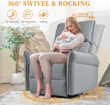 Power Swivel Rocker Recliner Chair for Nursery, Upholstered Snowflake Velvet 270°Swivel Glider Rocker Chair with USB Ports, Small Power Recliners for Small Spaces Living Room
