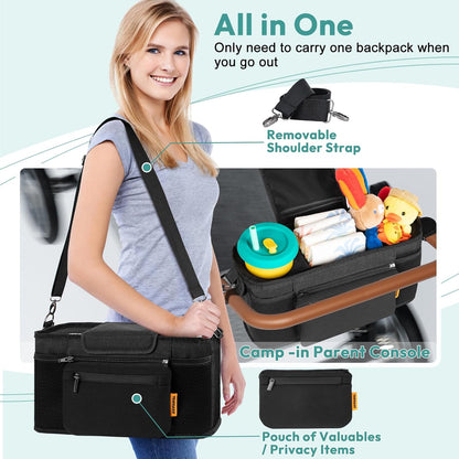 Parent Console Fits for Wonderfold W2&X2, Wagon Stroller Organizer with 2 Insulated Cup Holders, Multiple Storage Pockets, Detachable Pouch, Removable Shoulder Strap, Essential of Family