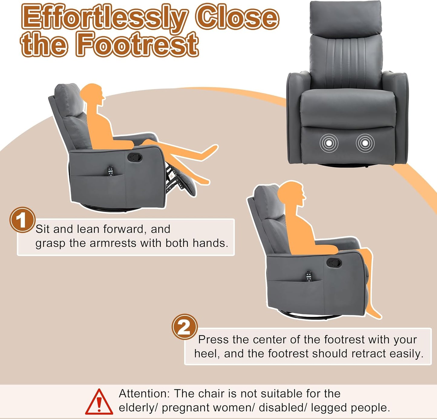 Manual 360° Swivel Rocker Recliner Chair for Adults, Overstuffed Glider Chair for Nursery with Vibration Massage and Heat, Comfy Soft Fabric Glider with Side Pockets for Living Room, Beige