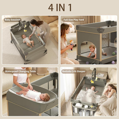 4-in-1 Pack and Play with Bassinet, Bedside Sleeper, Playard, and Changing Table, Folding Travel Crib with Musical Toy Rack & Bag, 4-Level Height Adjust, Newborn to Toddler（Ivy Gray）