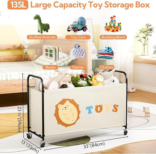 GRANNY SAYS Toy Box for Boys Girls, Large Toy Chest Storage with Wheels, Metal Kids Toy Storage Organizer for Stuffed Animals, 135L Kids Toy Bins for Bedroom, Living Room, Nursery, Beige