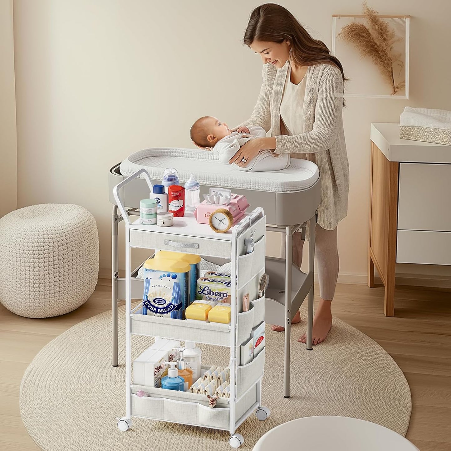 BBLIKE 3-Tier Diaper Caddy Organizer - Rolling Utility Baby Cart with Drawer and Side Pockets for Nursery and Baby Essentials, Multi-Function Cart for Bedroom and Bathroom, White
