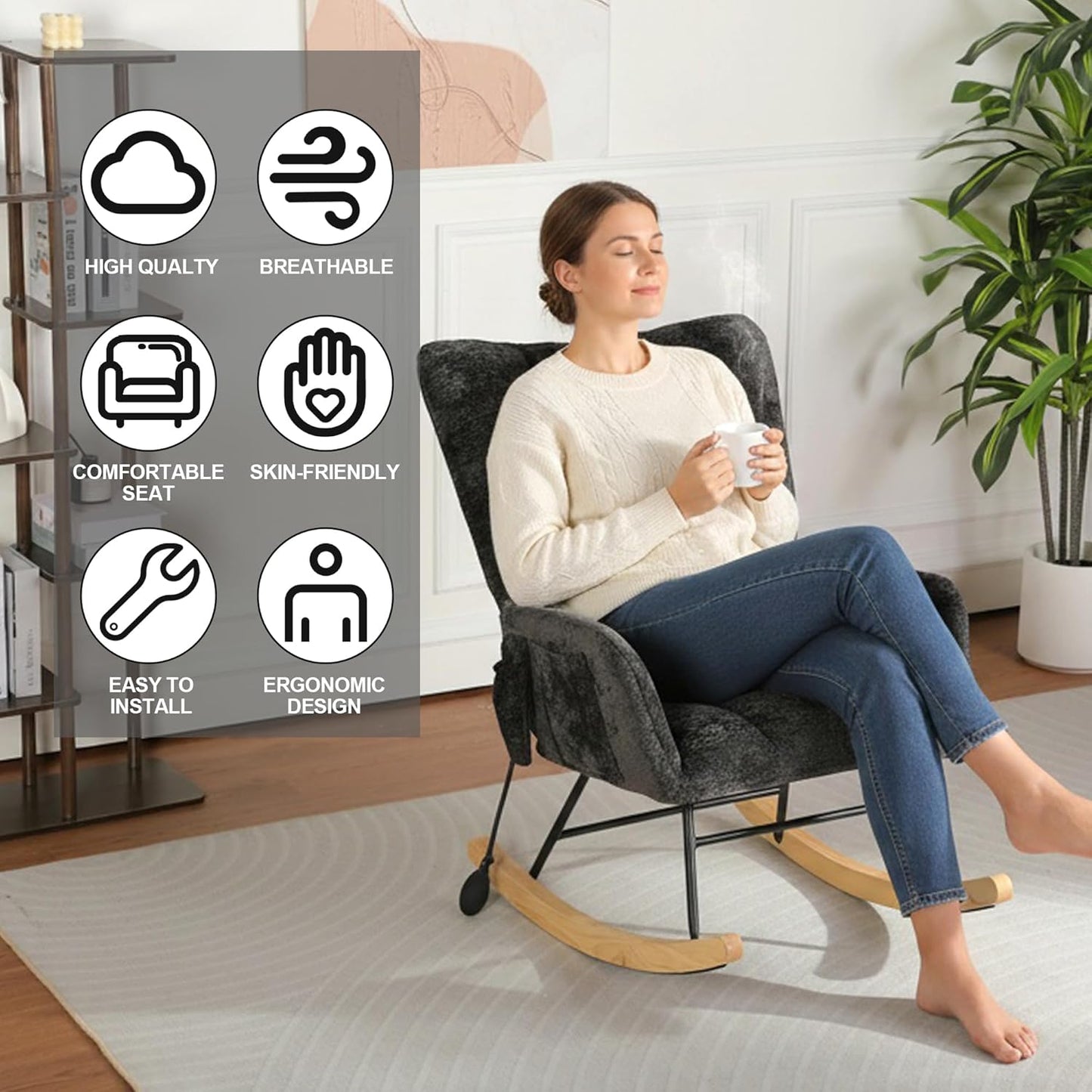 Rocking Chair Nursery with Airbag, Comfy Modern Nursery Rocking Reading Chair indoor with Footrest, Cozy Upholstered Glider Rocker Chairs for Living Room Bedroom Offices(Chenille, Dark Grey)