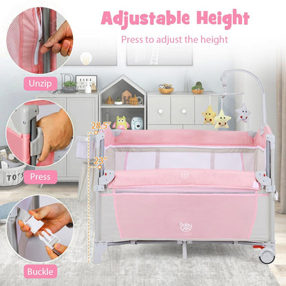 BABY JOY 5-in-1 Pack and Play, Portable Baby Bedside Sleeper with Bassinet, U-Shaped Diaper Changer, Safety Strap, Side Zipper Entrance, Hangings, Bedside Crib Playard from Newborn to Toddlers (Gray)