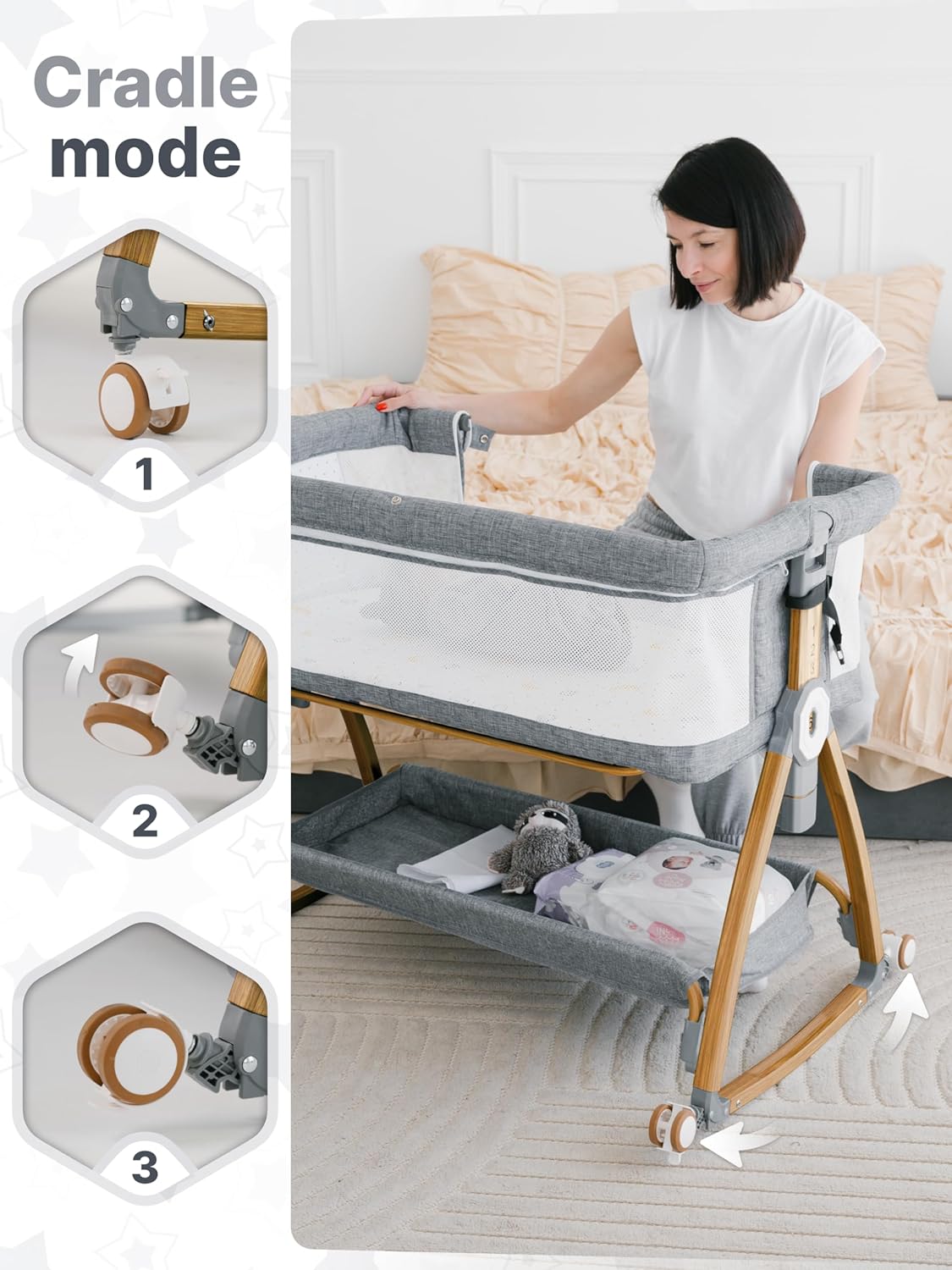 Earth&ME Baby Bassinet Bedside Sleeper with Rocking - All Mesh Portable Bedside Crib for Safe Co-Sleeping, Storage Basket and Wheels, Adjustable Height, Includes Travel Bag, Mosquito Net (Whate, Grey)