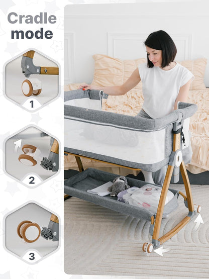Earth&ME Baby Bassinet Bedside Sleeper with Rocking - All Mesh Portable Bedside Crib for Safe Co-Sleeping, Storage Basket and Wheels, Adjustable Height, Includes Travel Bag, Mosquito Net (Whate, Grey)