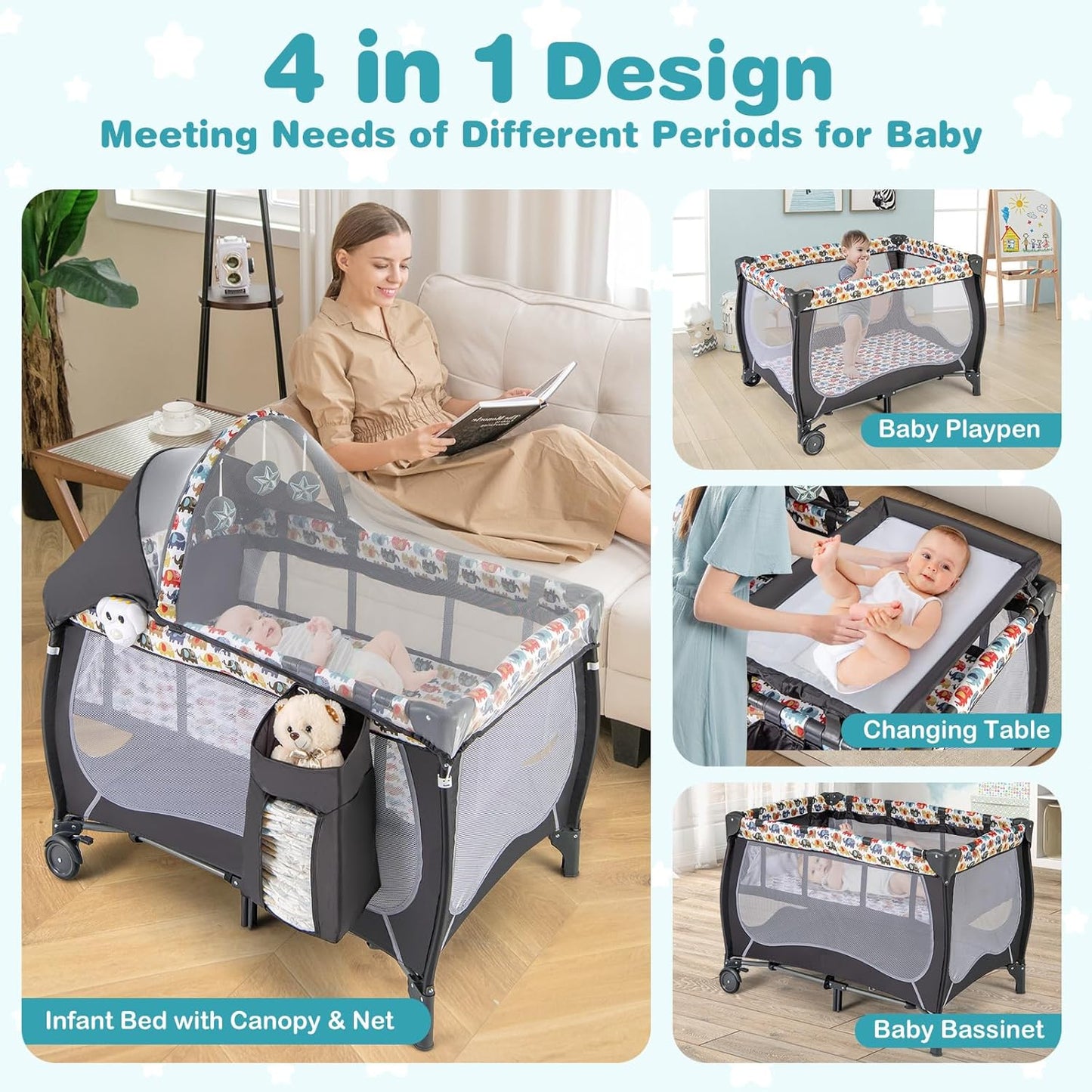HONEY JOY Pack and Play with Bassinet, 4-in-1 Portable Baby Playard with Changing Table, Net & Cute Toys, Diaper Storage Bag, Music Box, Wheels with Brake, Foldable Newborn Play Yard w/Carry Bag