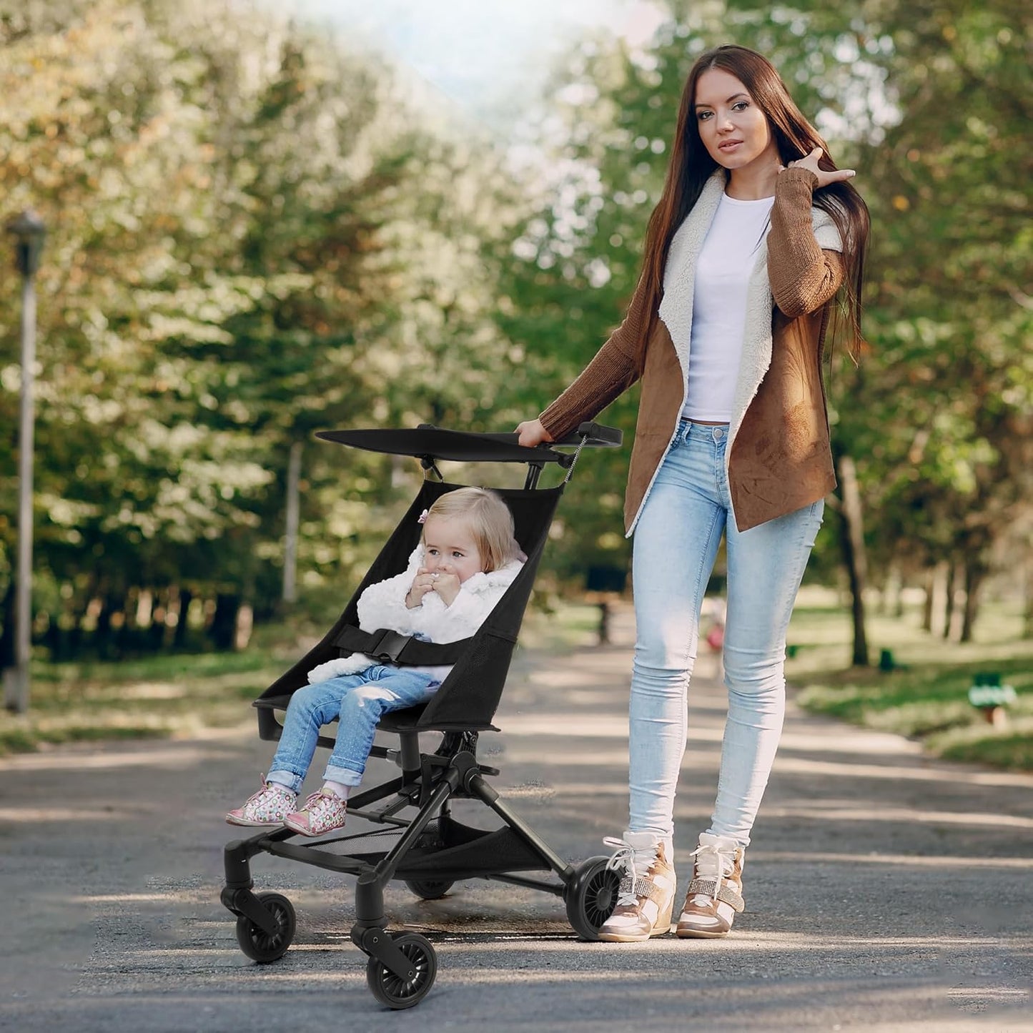 Lightweight Travel Stroller for Airplane, 10.5 lbs Compact Foldable Baby Stroller with Sun Visor & Storage Basket, Convenience Airplane Strollers with Lockable Rear Wheels and Breathable Fabric, Black