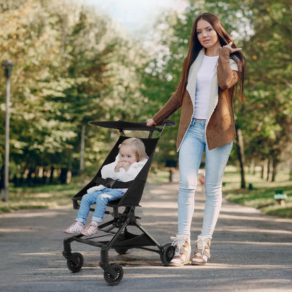 Lightweight Travel Stroller for Airplane, 10.5 lbs Compact Foldable Baby Stroller with Sun Visor & Storage Basket, Convenience Airplane Strollers with Lockable Rear Wheels and Breathable Fabric, Black