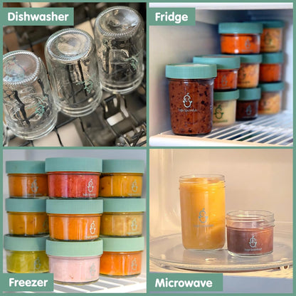 Sage Spoonfuls -12 Pack, 4 oz Baby Food Jars, Glass Baby Food Containers with Lids - Freezer Storage, Leakproof, Reusable Small Glass Baby Food Containers, Microwave & Dishwasher Friendly