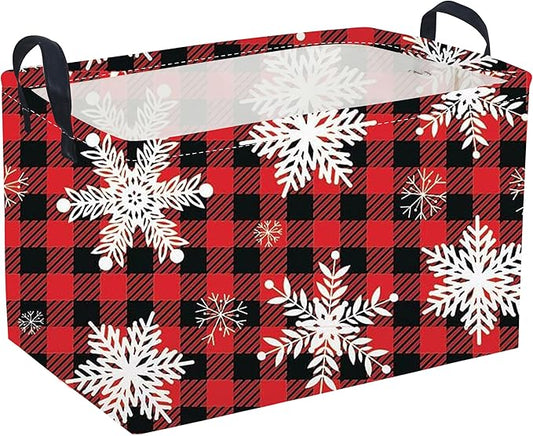 Rectangular Christmas Baskets,Snowflakes Basket Empty,Waterproof PE Coating Cute Bins for Kids with Handles,Gifts Baskets,Books Bin. (Red snowflakes)