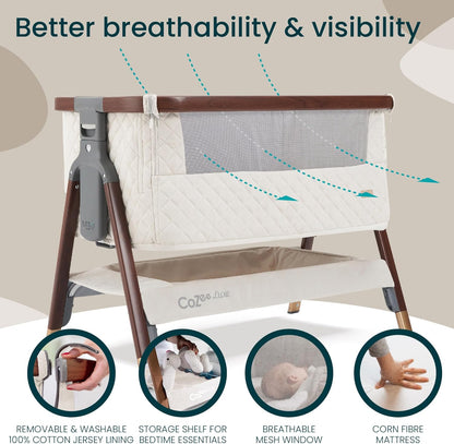 Tutti Bambini CoZee® 2-in-1 Baby Bassinet & Bedside Sleeper - Fast-Folding Bedside Bassinet, Baby Crib with 6 Mattress Heights & Breathable Mesh Window, Mattress Included, 0-6 Months (Oak & Charcoal)
