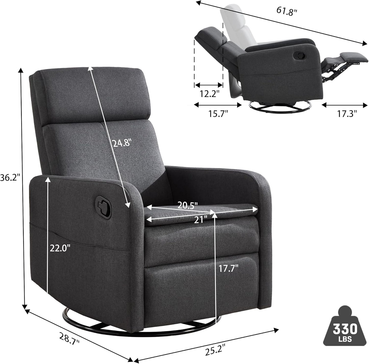 Ketaiyou Swivel Rocking Recliner Chair for Adults, Rocker Nursery Glider Chair for Living Room Bedroom, Upholstered Fabric Reclining Single Sofa Chair(Light Grey)