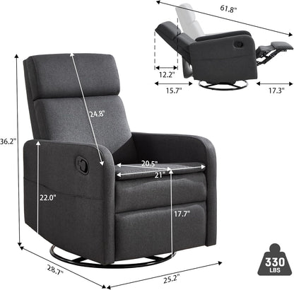 Ketaiyou Swivel Rocking Recliner Chair for Adults, Rocker Nursery Glider Chair for Living Room Bedroom, Upholstered Fabric Reclining Single Sofa Chair(Light Grey)