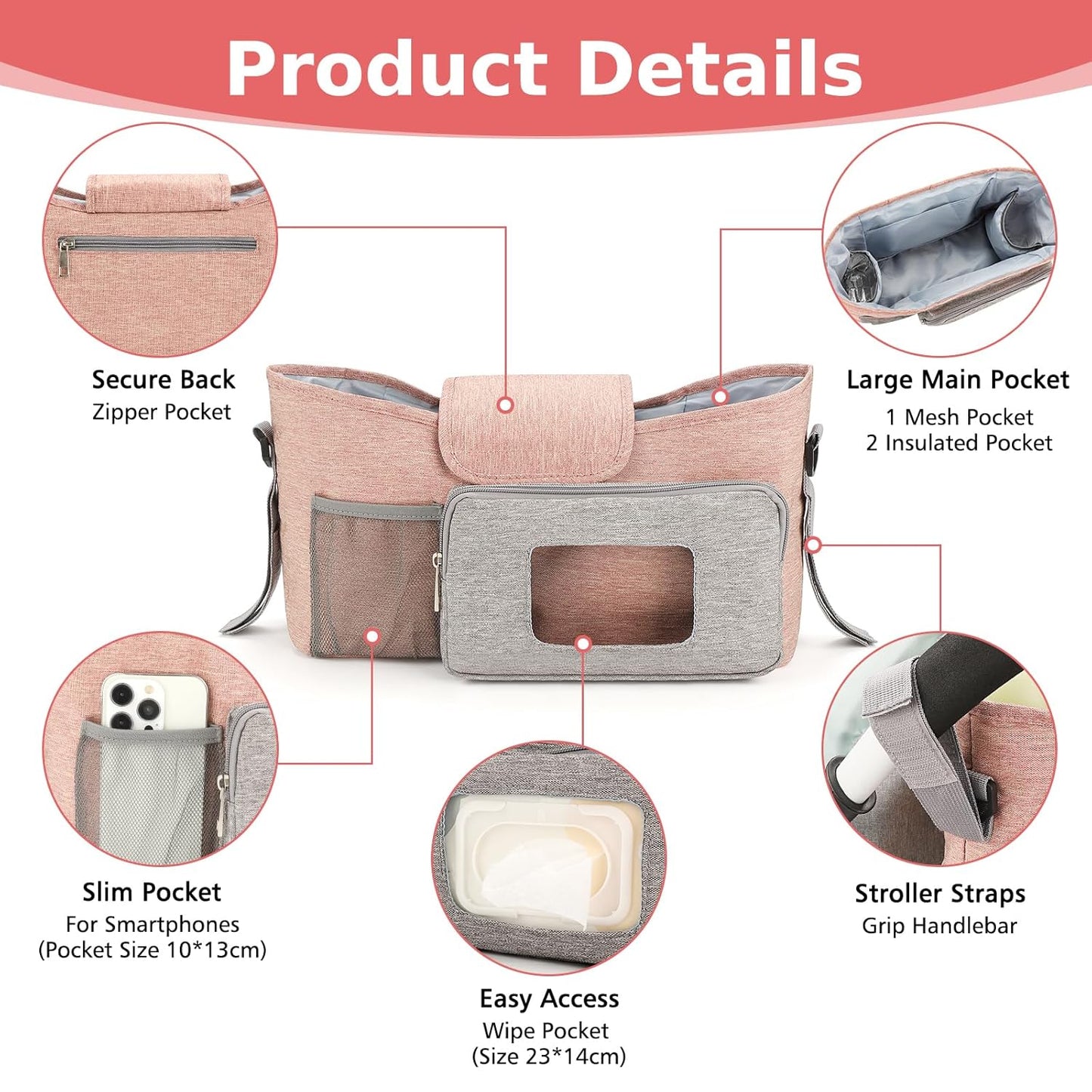 Accmor Universal Stroller Organizer with Insulated Cup Holder, Stroller Caddy Bag Accessories, Stroller Cup Holder Organizer for Uppababy Baby Jogger Britax Stroller, Black