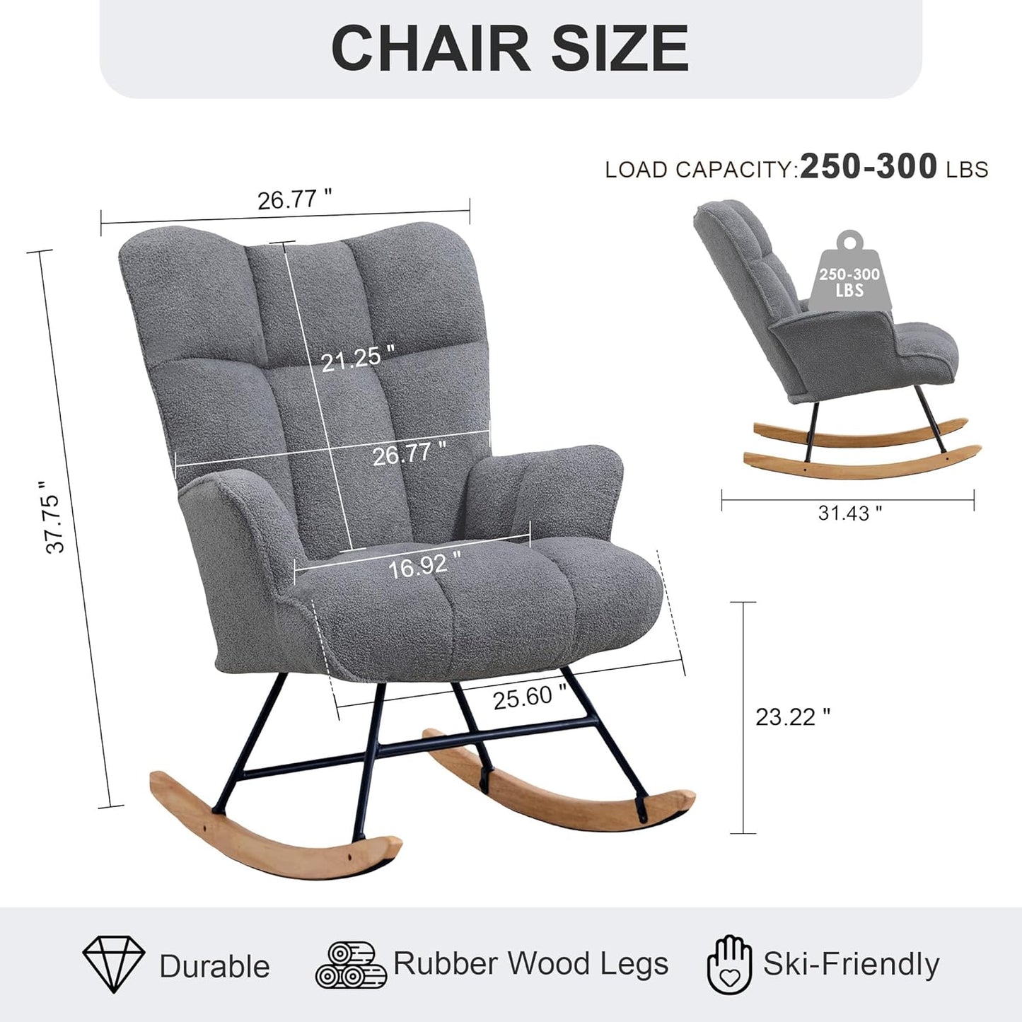 Zedachica Rocking Chair Nursery Teddy Upholstered Glider Rocker Rocking Accent Chair Padded Seat with High Backrest Armchair Comfy Side Chair for Living Room Bedroom Offices (Black Teddy)
