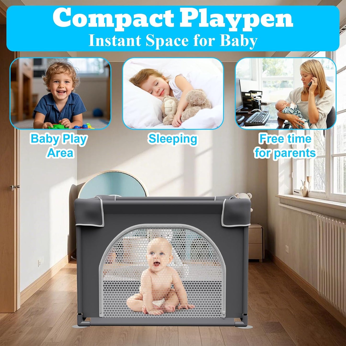 Grobeybees Playpen for Babies and Toddlers, Small Baby Playpen, Playard with Bag, Indoor & Outdoor Play Pen, Sturdy Safety Baby Play Yard with Soft Breathable Mesh(Black, 36x36 inches)
