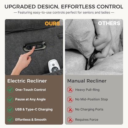 Recliner Chair Power Control, Nursery Reclining & Rocking Chair and Glider, Massage Swivel Living Room Furniture for Small Spaces, Bedroom, RVS, Lounge Sofa Chairs with USB & Type C Ports, Light Gray