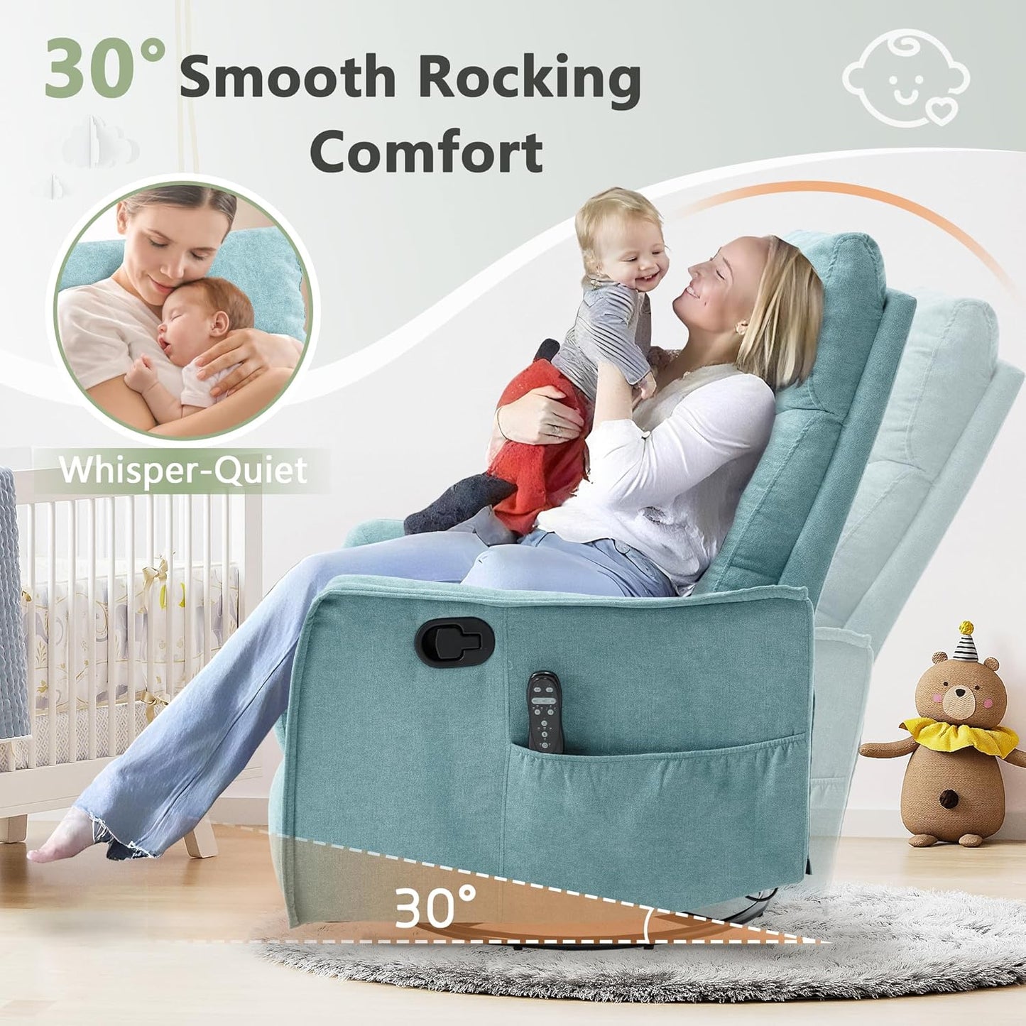 cinkehome Swivel Rocker Recliner, Glider Rocker Recliner Chair for Nursery, Manual Reclining Chair with Heated Massage, Small Spaces, Living Room, Khaki Chenille