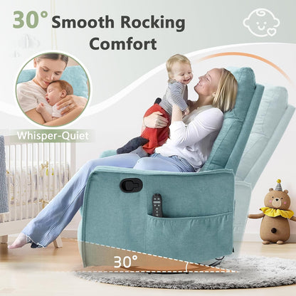cinkehome Swivel Rocker Recliner, Glider Rocker Recliner Chair for Nursery, Manual Reclining Chair with Heated Massage, Small Spaces, Living Room, Khaki Chenille