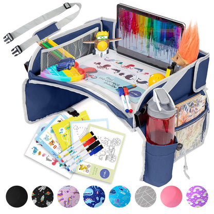 PILLANI Kids Travel Tray for Car Seat - Carseat Tray w/ iPad Holder & Dry Erase Board, Road Trip Activities - Toddler Lap Desk Organizer for Airplane - Roadtrip & Travel Essentials - Pack of 2, Pink