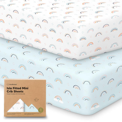 2-Pack Waterproof Pack and Play Sheets, Mini Crib Sheets Fitted for Boy, Girl - 38 x 26 Viscose from Bamboo Pack N Play Mattress Sheets for Graco, Toddler Playard Baby Crib Sheets Neutral (Blue Flax) - Colors A