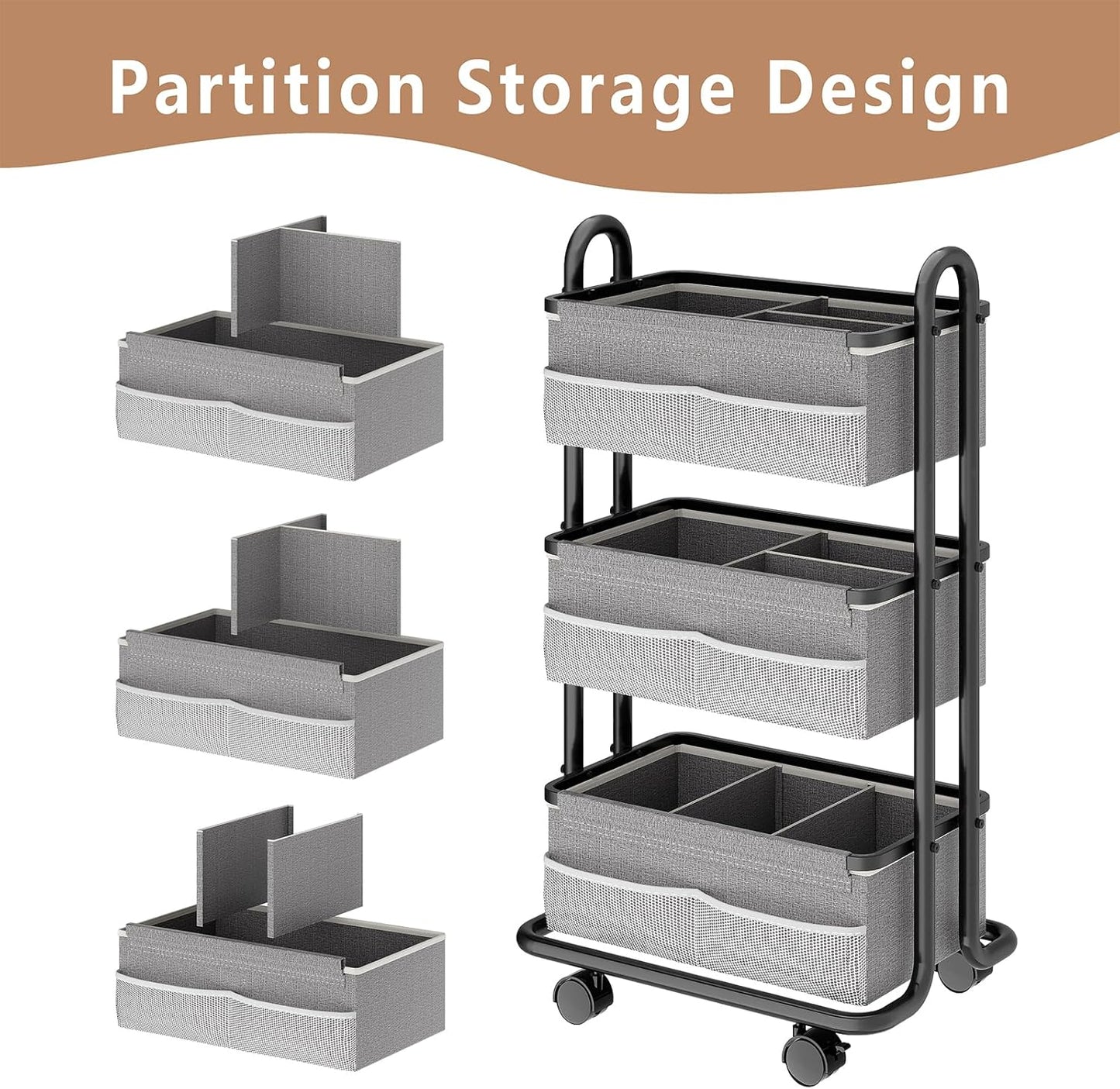 3-Tier Baby Diaper Caddy Organizer Cart, Mobile Nursery Storage Carts with Wheels, 3 Dividers & 6 Mesh Pockets Durable Metal Utility Cart for Nursery, Bedroom, Bathroom, Baby Essentials Organization