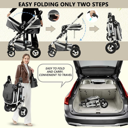 Kinder King 2 in 1 Convertible Baby Stroller, Folding High Landscape Infant Carriage, Newborn Reversible Pram, Adjustable Canopy, Diaper Bag, Pink