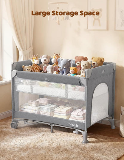 Dripex 5 in 1 Pack n Play Bedside Sleeper, 2-Level Height Baby Crib, Storage Pocket & Breathable Mesh - Foldable Portable Baby Bedside Bassinet for 0 to 12 Months (Travel/Home), Dark Grey