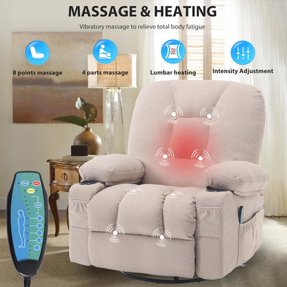 Rocker Recliner Chair with Massage and Heat, Oversized Rocking Nursery Recliners Overstuffed Swivel Glider with Cup Holder, Fabric Manual Single Sofa for Living Room, Beige