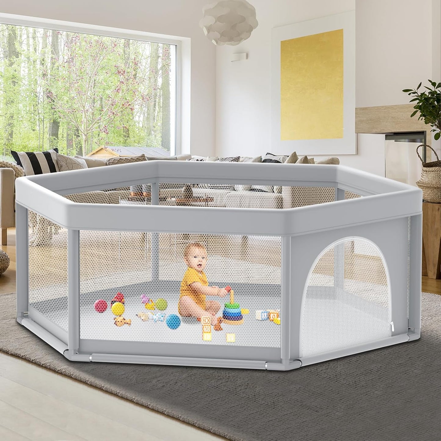 Fshibila 74" ×50" Large Baby Playpen, Baby Playard for Babies and Toddlers, Baby Fence Play Pens for Indoor & Outdoor, Sturdy Safety Play Yard with Soft Breathable Mesh, Anti-Fall, Grey