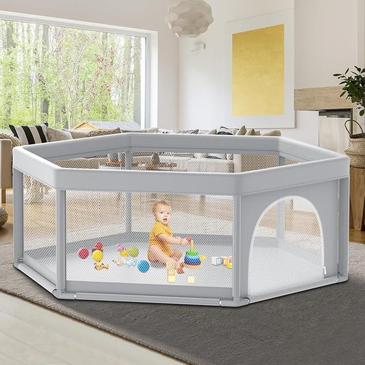 Fshibila 65" ×65" Hexagonal Baby Playpen, Baby Playard for Babies and Toddlers, BabyFence Play Pens for Indoor & Outdoor, Sturdy Safety Play Yard with Soft Breathable Mesh, Anti-Fall, Grey