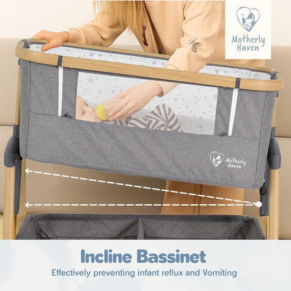 Motherly Haven Baby Bassinet Bedside Sleeper, Portable Crib for Newborns, Adjustable 7-Height Auto-Lock, with Wheels, Soft Mattress & Breathable Mesh (Light Grey)