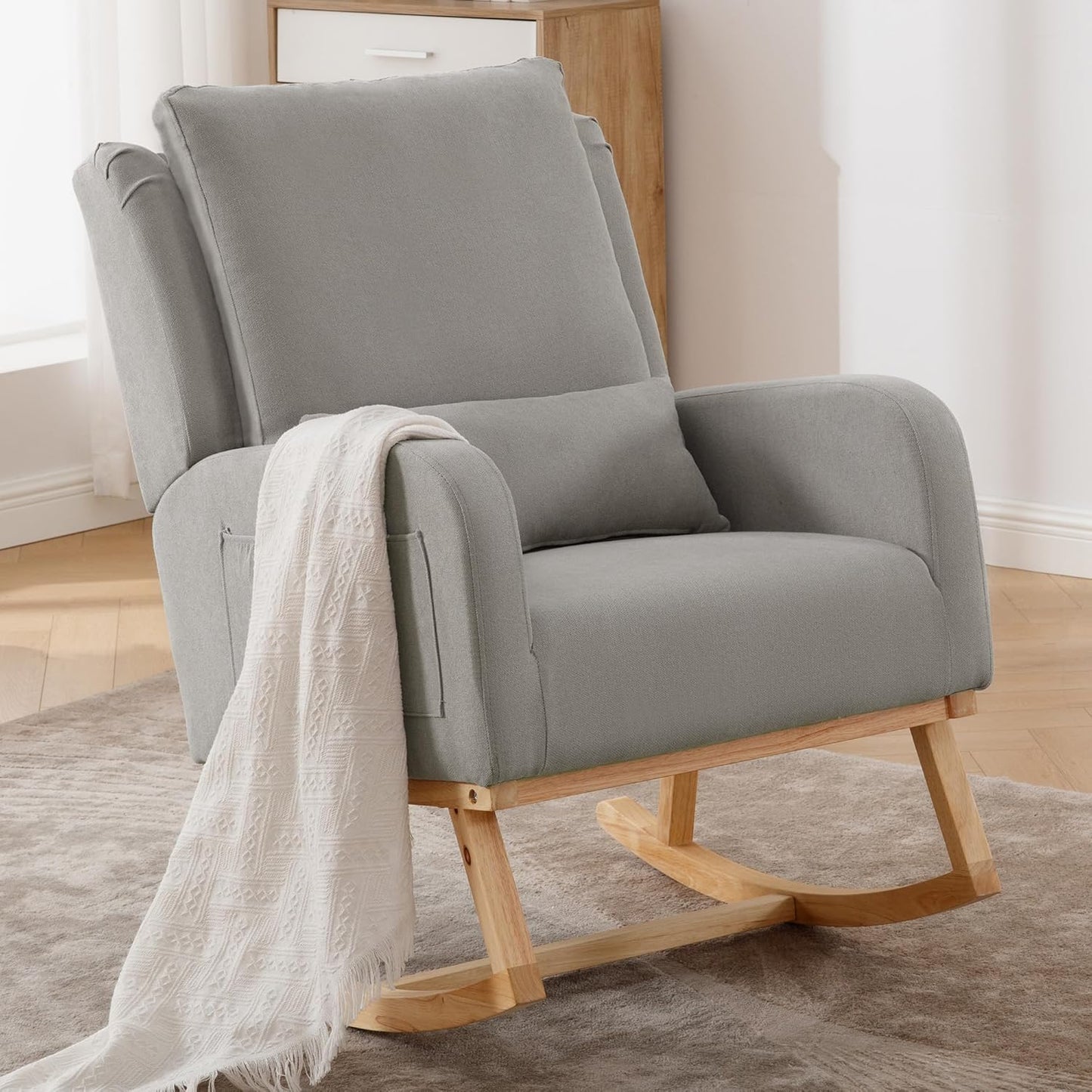 HCHAIRH Rocking Chair Nursery, Sherpa Nursing Rocking Chairs, Upholstered Nursery Glider Rocker for Mom Nursery Morden Accent Rocking Chair Pillow for Living Room,Bedroom,Teddy Light Grey