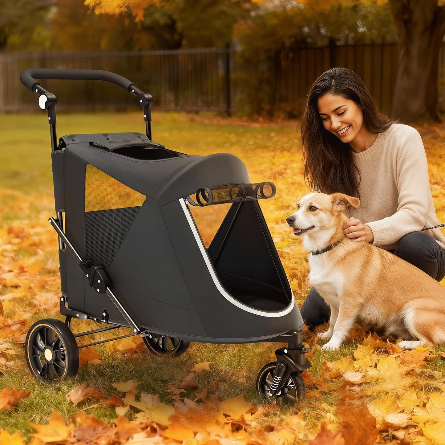Magshion Compact Pet Stroller for Small-Medium Dogs/Cats up to 22lbs, 4-Wheel Lightweight Umbrella Shaped Portable Puppy Travel Jogger with Breathable Mesh, Cup Holder & Rear Storage, Black