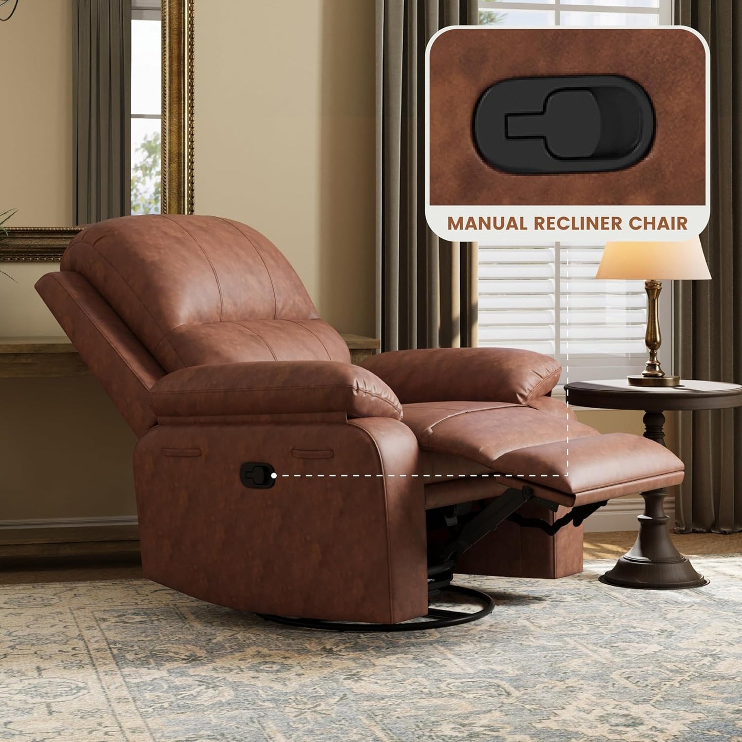 Leather Swivel Rocker Recliner Chair, Traditional Manual Chair, Upholstered Nursery Glider Rocking Recliner, Comfy Faux Leather Single Sofa with Pocket Spring for Living Room, Camel