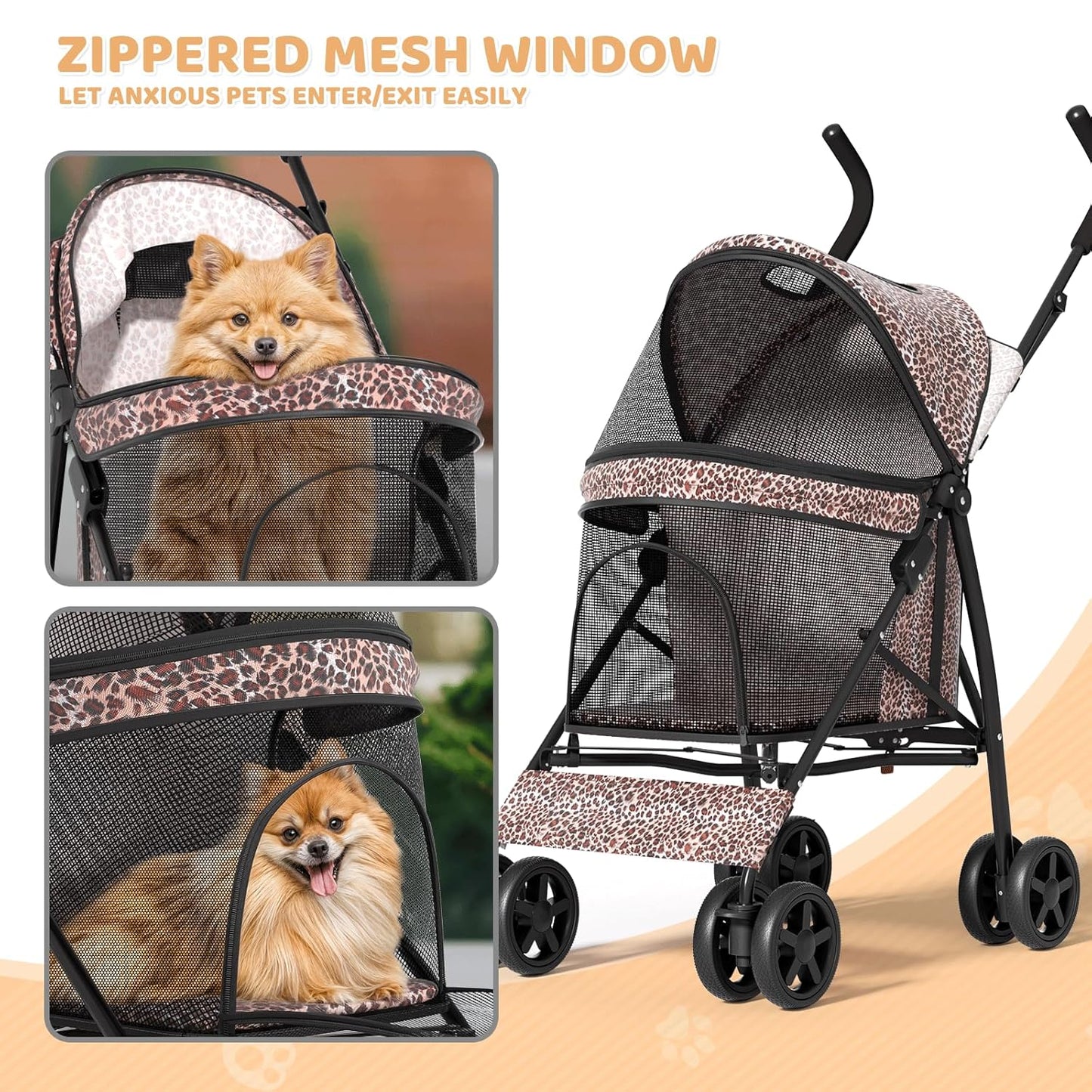 Magshion Compact Pet Stroller for Small-Medium Dogs/Cats up to 22lbs, 4-Wheel Lightweight Umbrella Shaped Portable Puppy Travel Jogger with Breathable Mesh, Cup Holder & Rear Storage, Black
