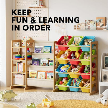 SpaceAid 3-in-1 Toy Storage Organizer with 4 Shelves and 12 Bins, Toy Organizers Storage 3-Tier Bookshelf, Kids Bin Shelf Box Bookcase for Bedroom Playroom Organization Room Decor, Multi-Colored