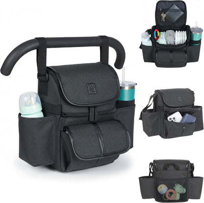 NT·hut Baby Stroller Organizer, Stroller Caddy Bag with 2 Wide Cup Holders & Bottle Straps, Universal Strap Fit, Fits 11" Tablet, Magnetic Pocket, Zipper & Mesh Pockets, Water Resistant 600D (Black)