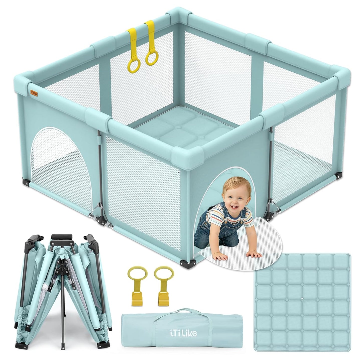 Foldable Baby Playpen, iTiLike Large Playard with Detachable Thickened Washable Water-Resistant Mat, Playpen for Babies and Toddlers, Play Pens with Gate, Indoor & Outdoor Portable Play Yard