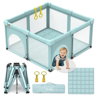 Foldable Baby Playpen, iTiLike Large Playard with Detachable Thickened Washable Water-Resistant Mat, Playpen for Babies and Toddlers, Play Pens with Gate, Indoor & Outdoor Portable Play Yard