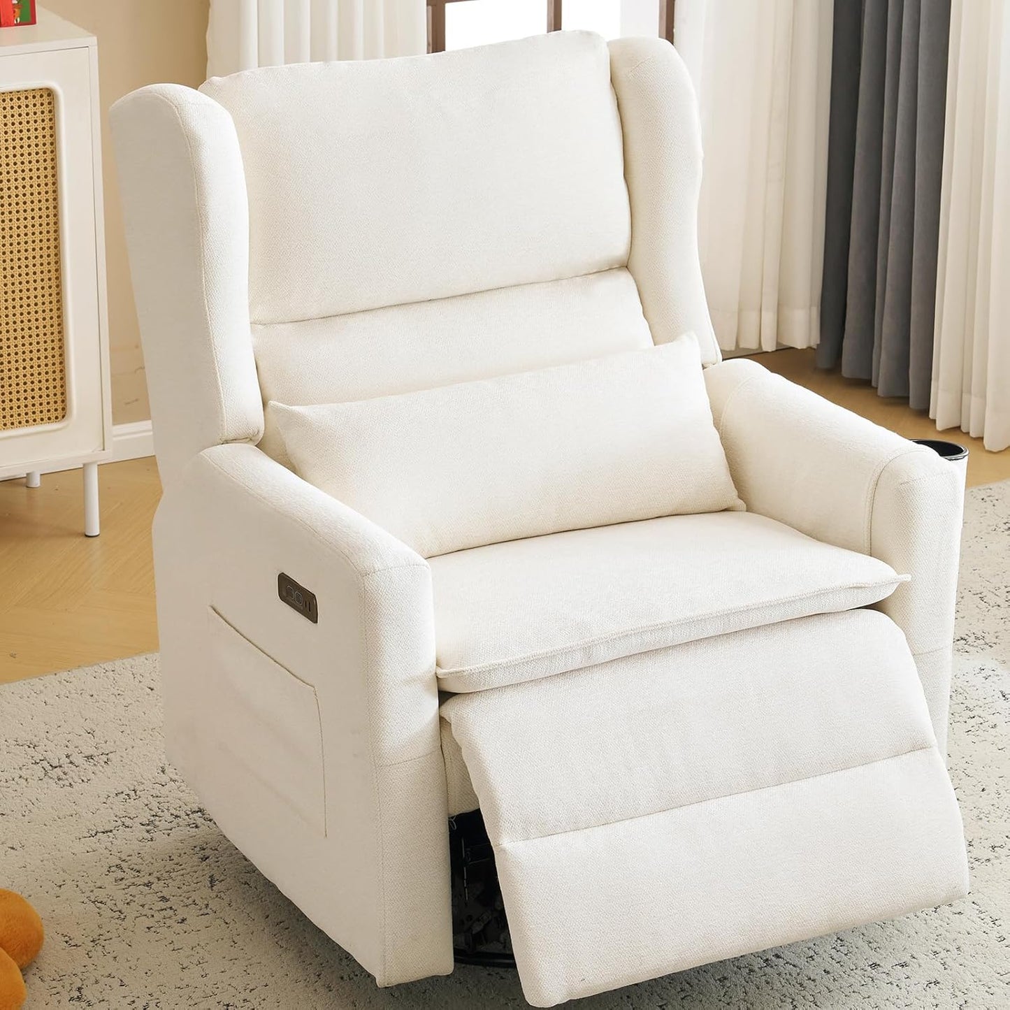 Large Glider Rocker Recliner,Rocking Chair Nursery with Adjustable Headrest,Swivel Rocker Recliner with Lumbar Support,Manual Nursery Rocker Recliner for Living Room& Bedroom,Chenille White