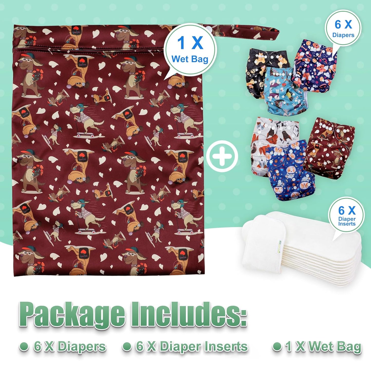 wegreeco Cloth Diapers 6 Pack with 6 Inserts & 1 Wet Bag, Washable Cloth Diapers for Babies, One Size Adjustable Reusable (Flower)