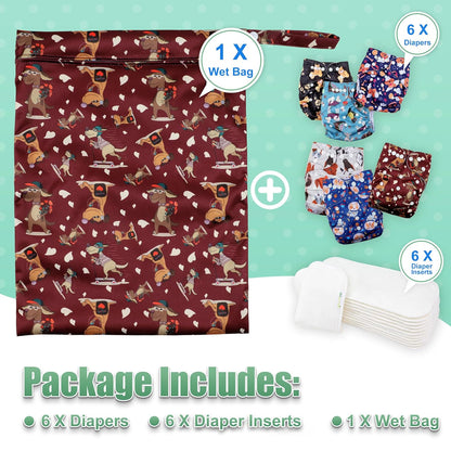 wegreeco Cloth Diapers 6 Pack with 6 Inserts & 1 Wet Bag, Washable Cloth Diapers for Babies, One Size Adjustable Reusable (Flower)