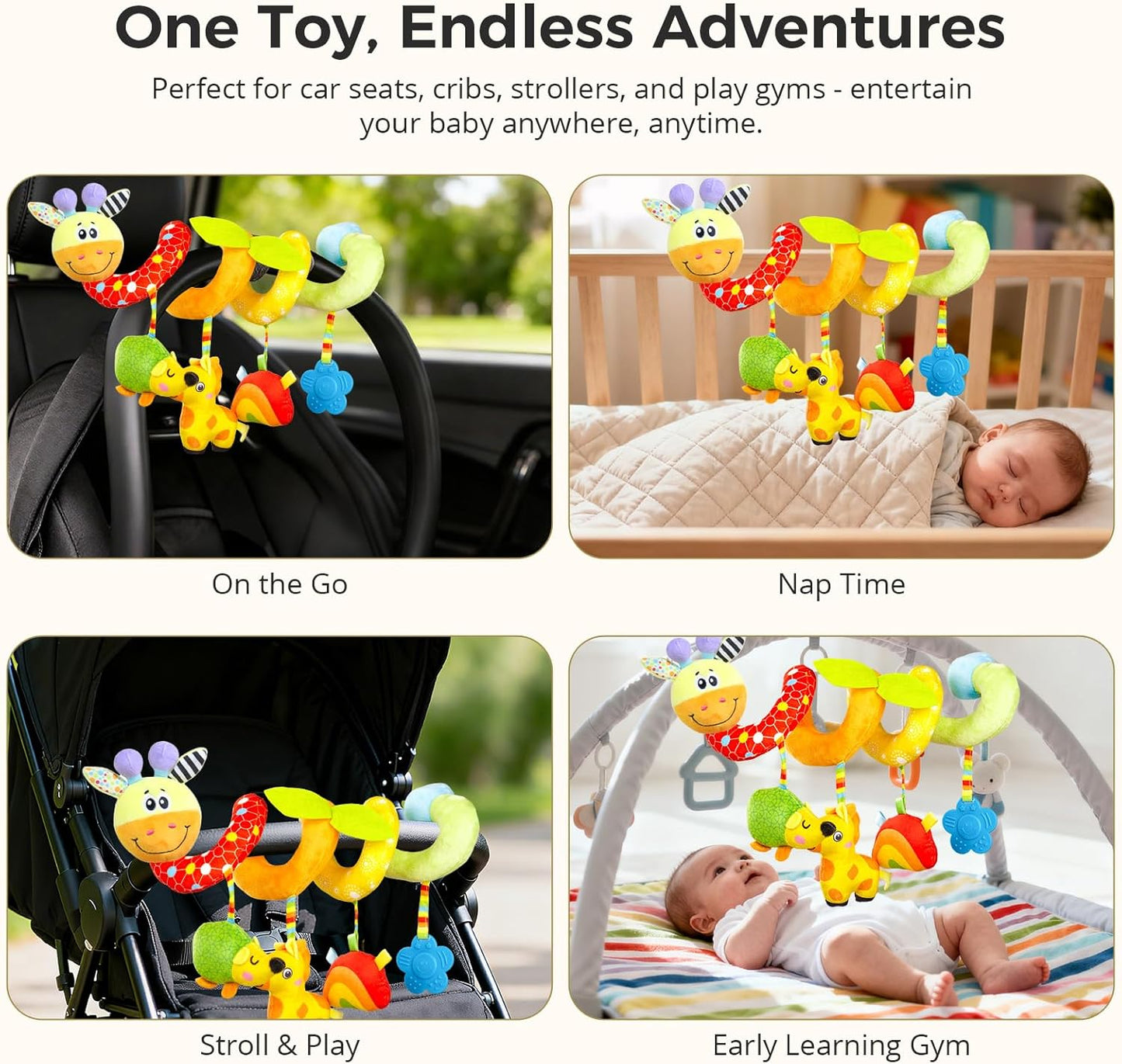 Carseat Toys Hanging for Babies 0-6-12 Months, Crib Toy Hanging Plush Spiral Car Seat Toy, with Rattle, Teether & Mirror, Stroller for Baby Boys & Girls, Infant Car Seat Toys