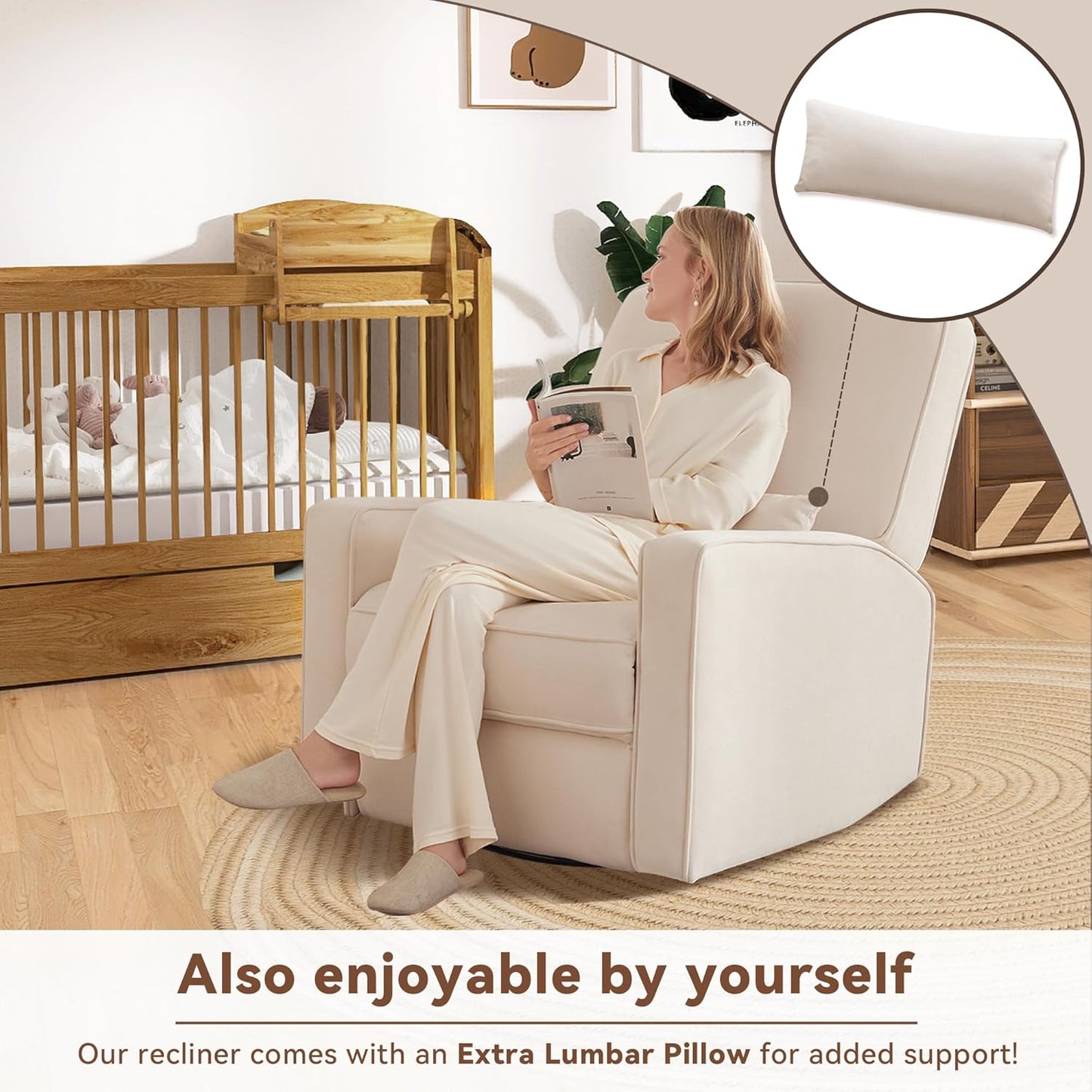 Tbfit Nursery Rocking Chair,360°Swivel Recliner Chair with Lumbar Support for Bedroom, Comfy Upholstered Armchair with Pillows & Footrest for Living Room & Baby Room