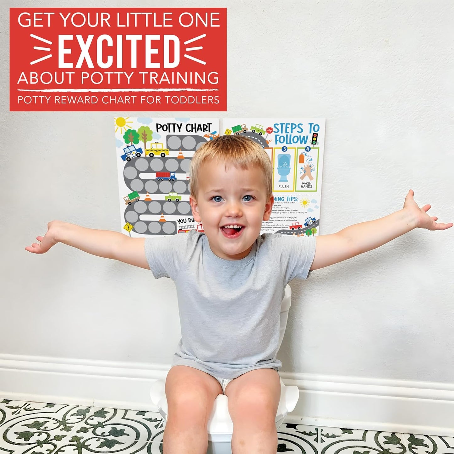 Hadley Designs Potty Training Chart for Toddlers Boys -10 Sticker Potty Chart for Toddlers Boys, 8.5x11" Potty Training Sticker Charts for Toilet Success, Monster Truck Toddler Reward Chart for Kids